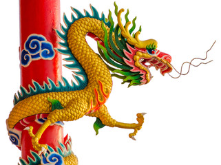 Colorful dragon statue on white background in Chinese Shrine.
