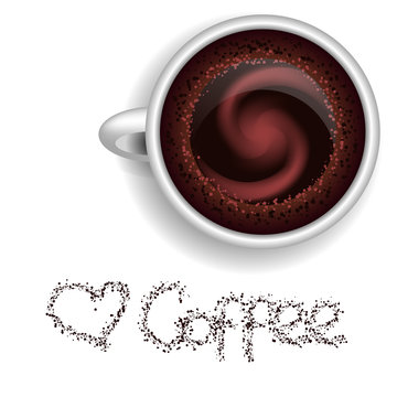 Fototapeta White cup with black coffee, lettering