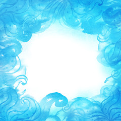 Fototapeta na wymiar Elegant blue patterned frame painted with watercolor