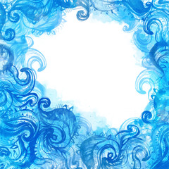 Fototapeta na wymiar Elegant blue patterned frame painted with watercolor