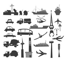 Set of transport icons, lorries, cars, airplane, boat, ships, helicopter