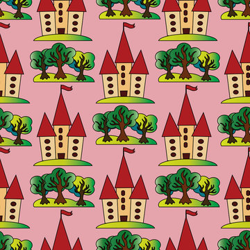 Light pink vector seamless pattern background wallpaper illustration with colorful fairytale castle and trees