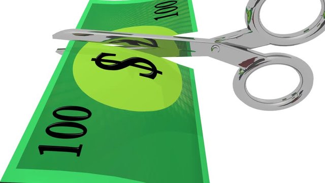 Scissors cutting through generic 100 dollar note, conceptual for devaluation, budgeting, cost cutting