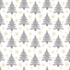 New Year hand drawn seamless pattern from black Christmas trees