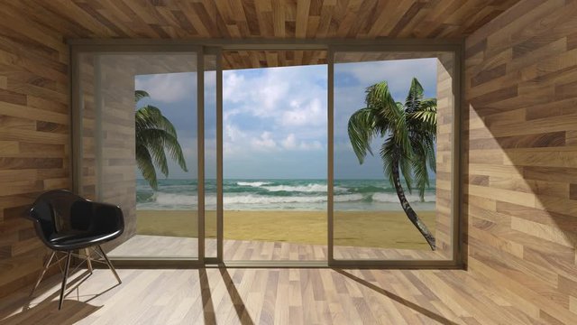 Looking out through the window at the sea in summer