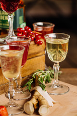 set with different drinks on interior background