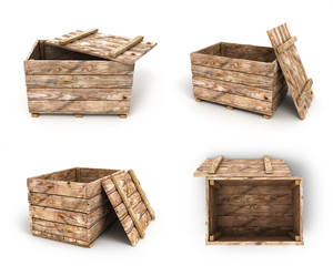 collection of old wooden box 3d render on white background