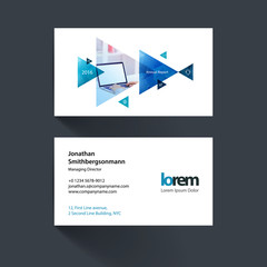 Vector business card template with moving triangles and arrows f