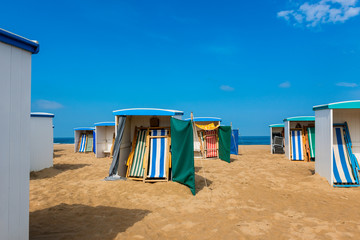 Beach huts on beach in Katwijk, South Holland, Netherlands
