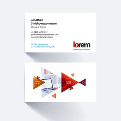 Vector business card template with moving triangles and arrows f