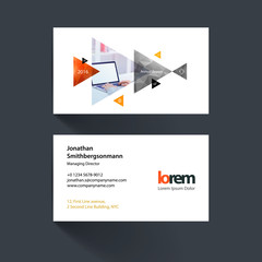 Vector business card template with moving triangles and arrows f