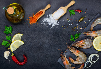 Fototapeta na wymiar White Shrimps with Spices and Copy Space