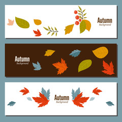 Fototapeta na wymiar Banners set of autumn leaves vector illustration. Background with hand drawn autumn leaves. Design elements. Autumn leaves fall on banner.