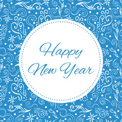 Happy New Year 2017 card template vector with white winter frost ornament on blue background
