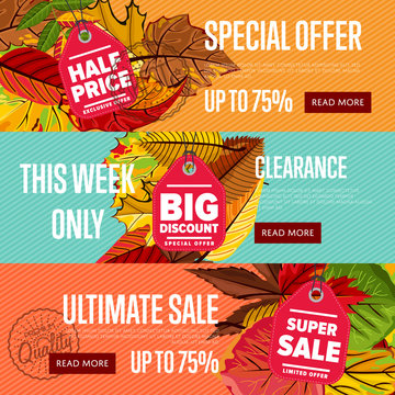 Autumn seasonal sale website templates, vector illustration. Ultimate sale this week only. Best price posters on color background with autumn leaves. Incredible sale proposition