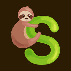 letter s with sloth animal for kids abc education in preschool.