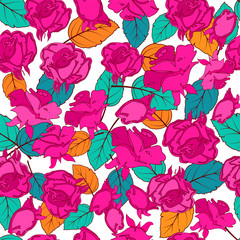 Vector flower pattern. Seamless  texture, detailed rose flower illustrations.  Floral pattern in doodle style, spring floral background.