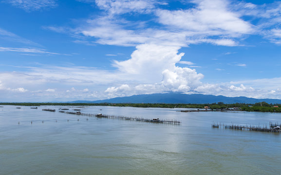 Landscape of river/lake and forest with blue sky bacground in Thailand