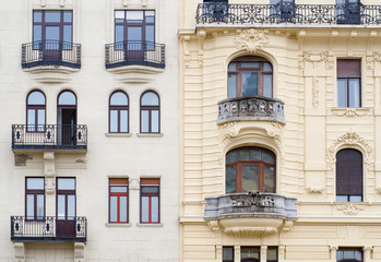 Windows on the facade in neo-baroque style. Budapest, Hungary.