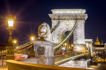 Night view of the Szechenyi Chain Bridge. Budapest, Hungary.