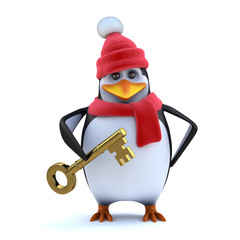 3d Winter penguin has a gold key