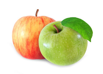 whole red and green apple with leaf isolated on white background with clipping path