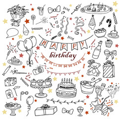 Hand-drawn birthday doodles collection: pie, cakes, gifts, champagne, petard, flowers, baloons, decorations etc. Line art illustrations.