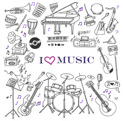 Hand-drawn doodles of the music instruments and objects: guitar, drums, violin, piano, saxophone, bass guitar, etc. Line art illustrations.