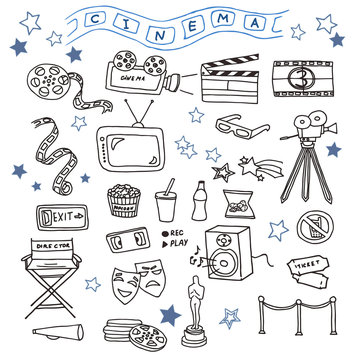 Hand-drawn doodles of the cinema objects: video camera, tv, film, 3d glasses, video cassette, director chair, etc. Line art illustrations.
