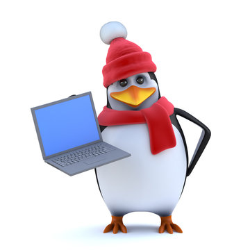 3d Winter penguin has a new laptop pc to show you
