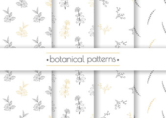 Set of vector seamless patterns with hand drawn herbs. Fabric or textile design.