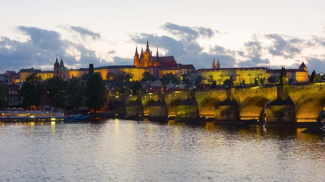 Cityscape of Prague at sunset time, timelapse