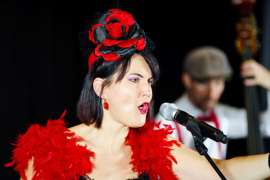 Christel Kern singing chanson. Portrait of french actress. Scene