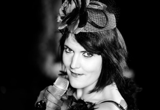 Christel Kern singing chanson. Portrait of french actress. Scene