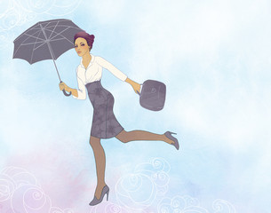 Illustration of businessman flying in open air with umbrella in
