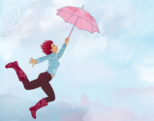 Illustration of business woman flying in open air with umbrella