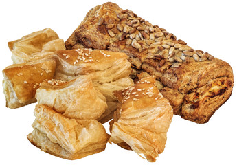 Bunch Of Zu-Zu Croissant Puff Pastry With Integral Bread Loaf Isolated on White Background