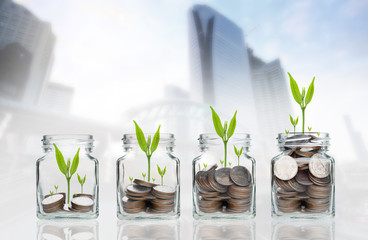 money coins and seed in clear bottle on cityscape photo blurred cityscape background,Business investment growth concept