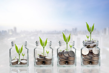 Fototapeta na wymiar money coins and seed in clear bottle on cityscape photo blurred cityscape background,Business investment growth concept