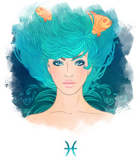 Illustration of Pisces astrological sign as a beautiful girl