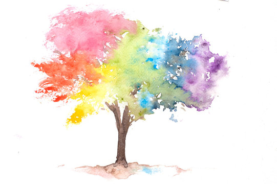 Rainbow color tree on white, watercolor hand painted