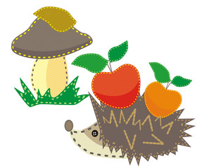 set of child-colored applique fabric, mushrooms,Hedgehog and apples