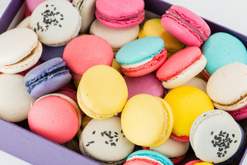 closeup French dessert macaroon gift box isolate