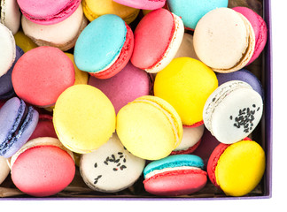 closeup French dessert macaroon gift box isolate