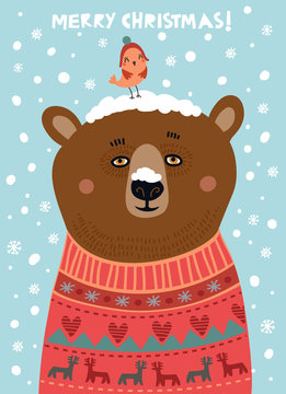 Cute bear with a bird. Christmas card
