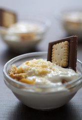 Yogurt dessert with chocolate.
