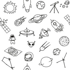 Doodle seamless pattern with different astronomy objects: planets, rockets, satellite, space, science objects etc. Line art repeated background.