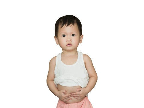 Asian Toddler Dirty Mouth Holding Belly, Looks Like Stomach Ache.