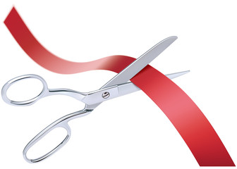 Scissors cutting red ribbon, isolated. 3D vector illustration