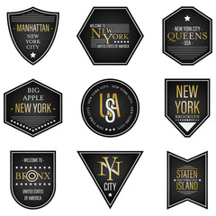 New York City and USA vector dark labels.